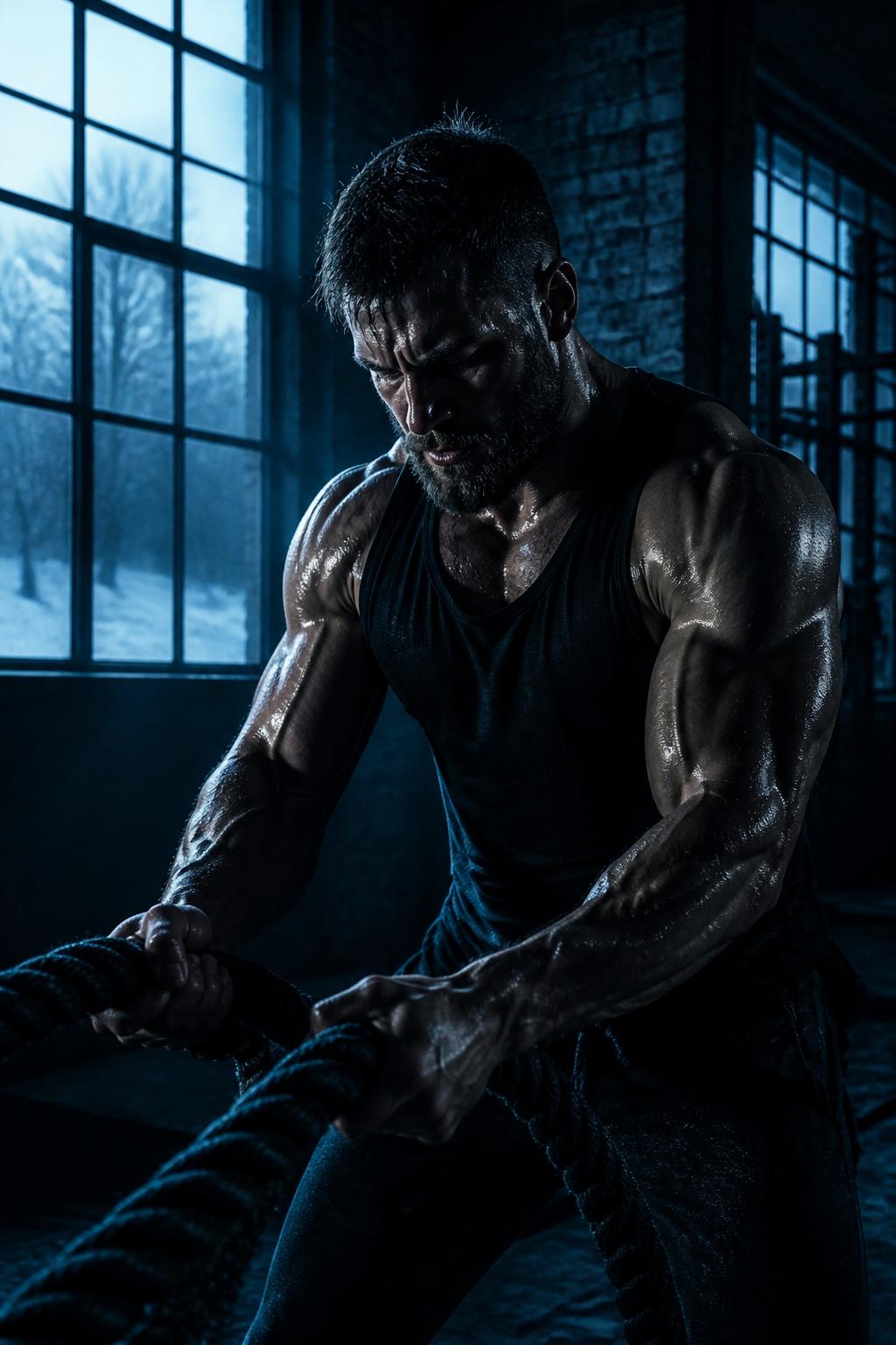 Athlete training in a cold industrial gym at dawn
